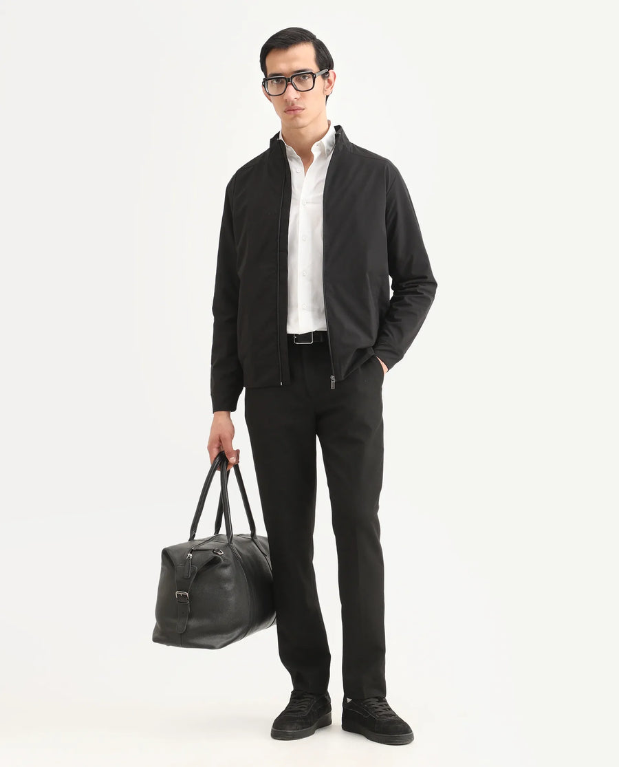 Rare Rabbit Men's Niger Black Polyester Typography Print Relaxed Fit Full Sleeve High Neck Jacket