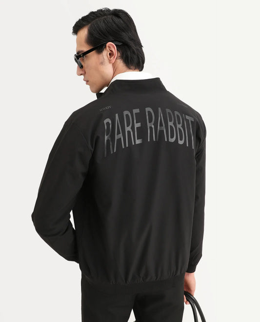 Rare Rabbit Men's Niger Black Polyester Typography Print Relaxed Fit Full Sleeve High Neck Jacket