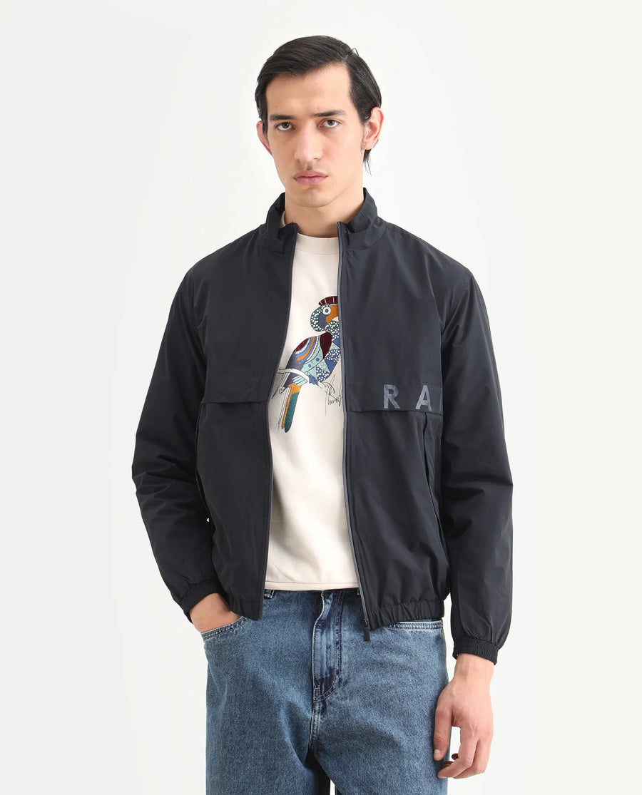 Rare Rabbit Men's Soweto Navy Polyester Typography Print Relaxed Fit Full Sleeve Spread Collar Jacket