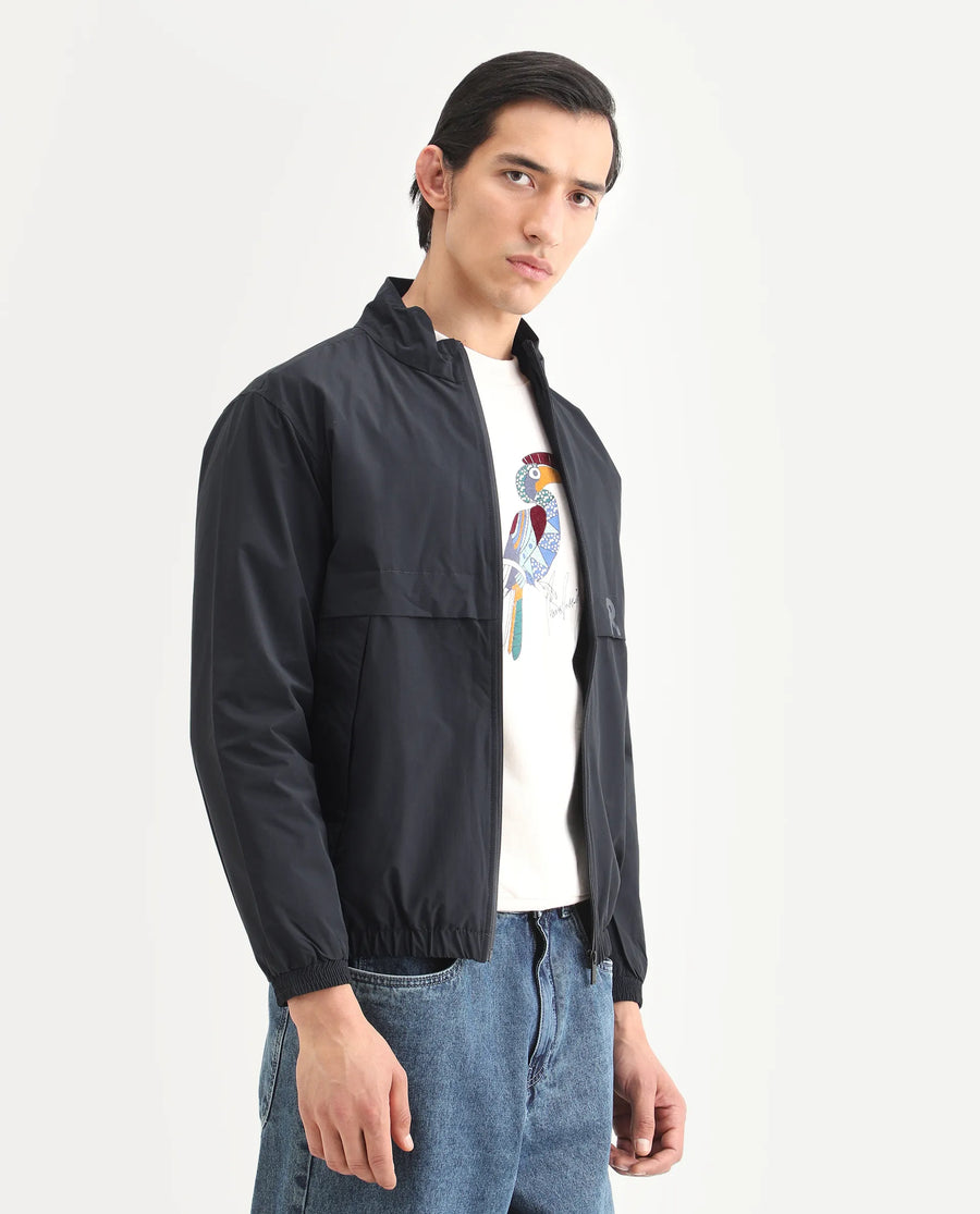 Rare Rabbit Men's Soweto Navy Polyester Typography Print Relaxed Fit Full Sleeve Spread Collar Jacket
