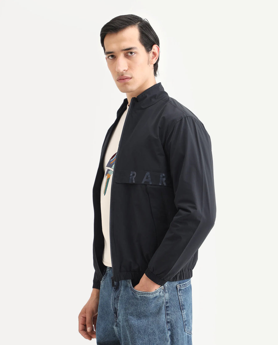 Rare Rabbit Men's Soweto Navy Polyester Typography Print Relaxed Fit Full Sleeve Spread Collar Jacket