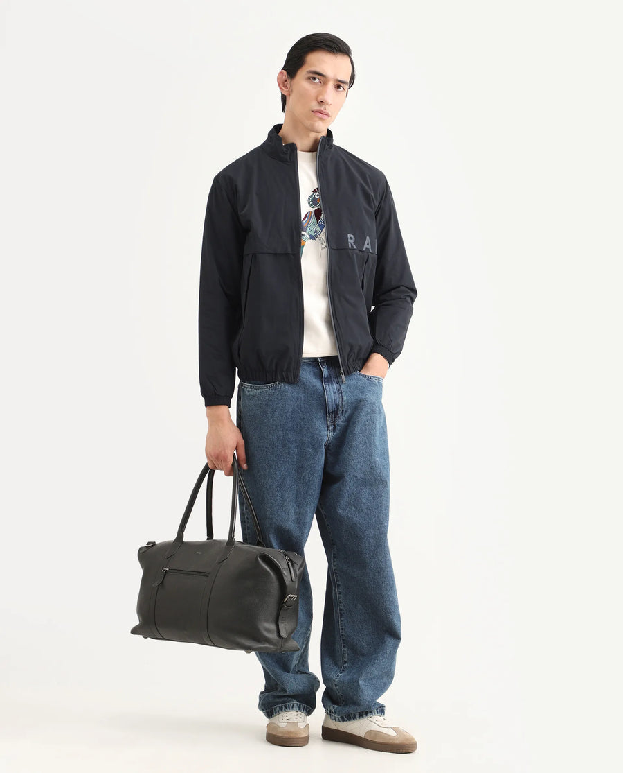 Rare Rabbit Men's Soweto Navy Polyester Typography Print Relaxed Fit Full Sleeve Spread Collar Jacket