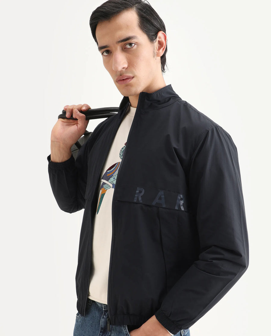 Rare Rabbit Men's Soweto Navy Polyester Typography Print Relaxed Fit Full Sleeve Spread Collar Jacket