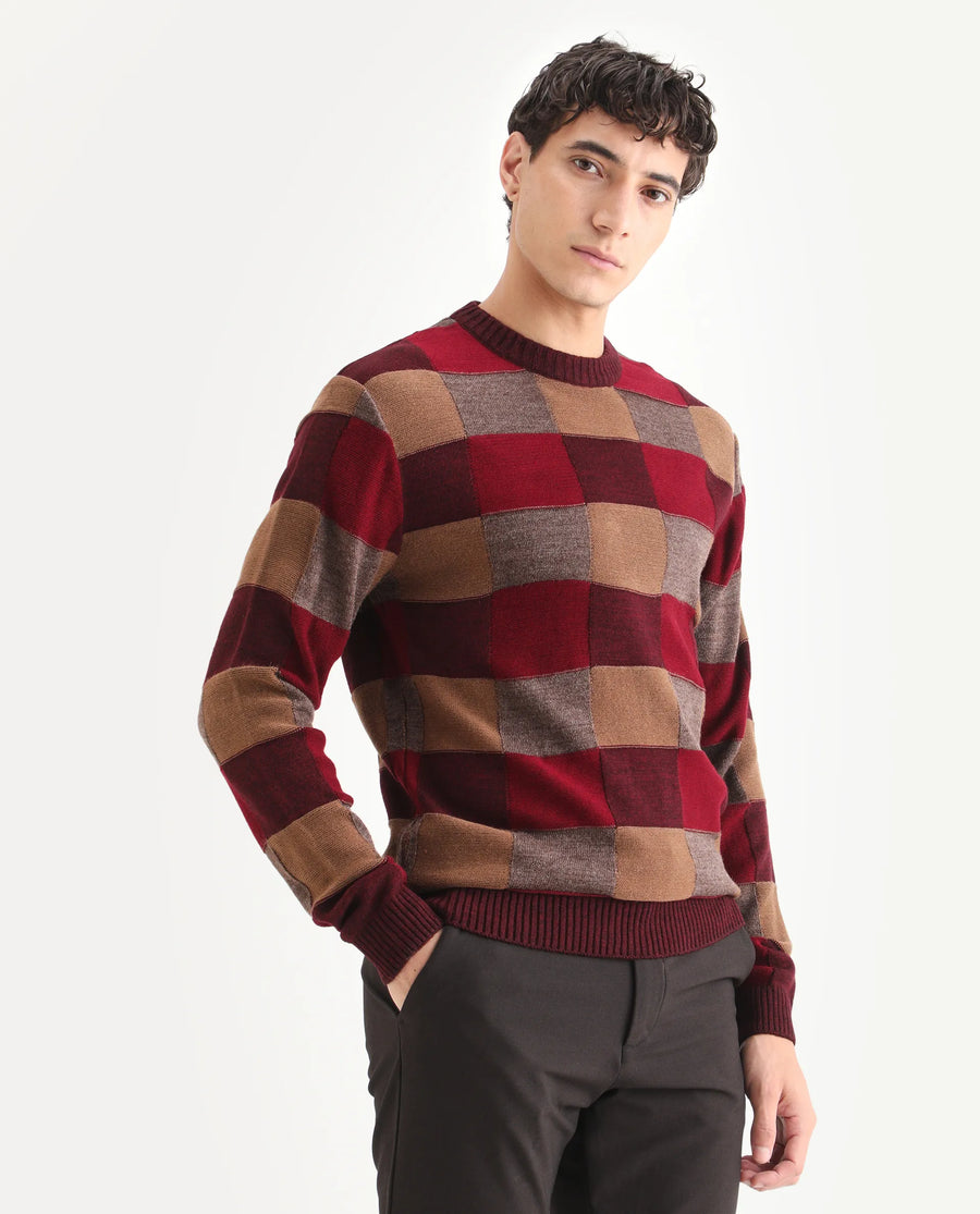 Rare Rabbit Men's Boaz Red Acrylic Jacquard Regular Fit Full Sleeve Crew Neck Sweater