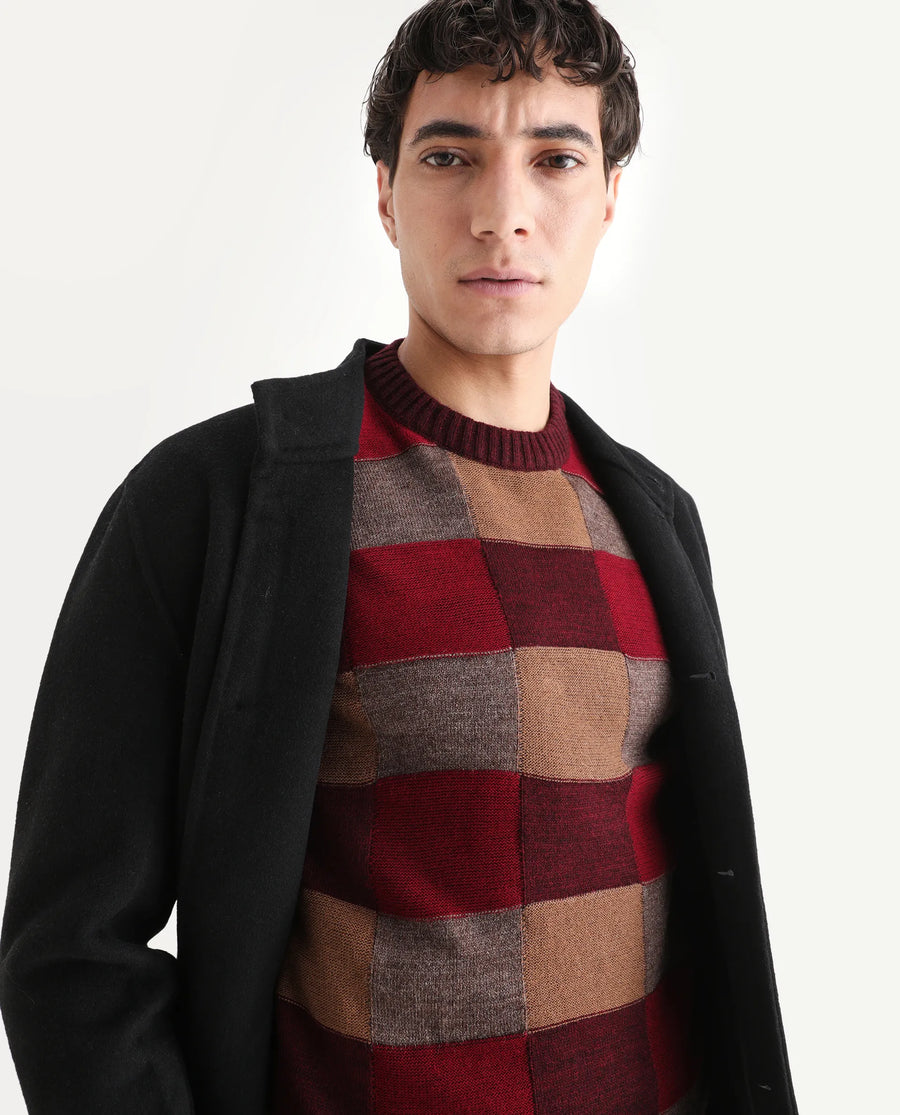 Rare Rabbit Men's Boaz Red Acrylic Jacquard Regular Fit Full Sleeve Crew Neck Sweater