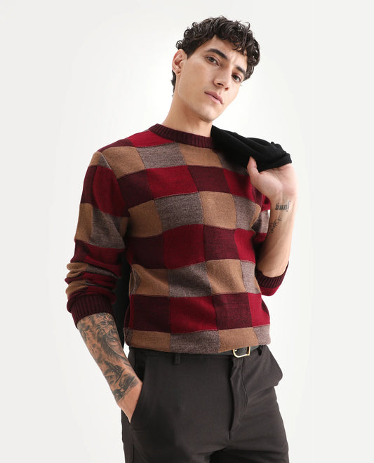 Rare Rabbit Men's Boaz Red Acrylic Jacquard Regular Fit Full Sleeve Crew Neck Sweater