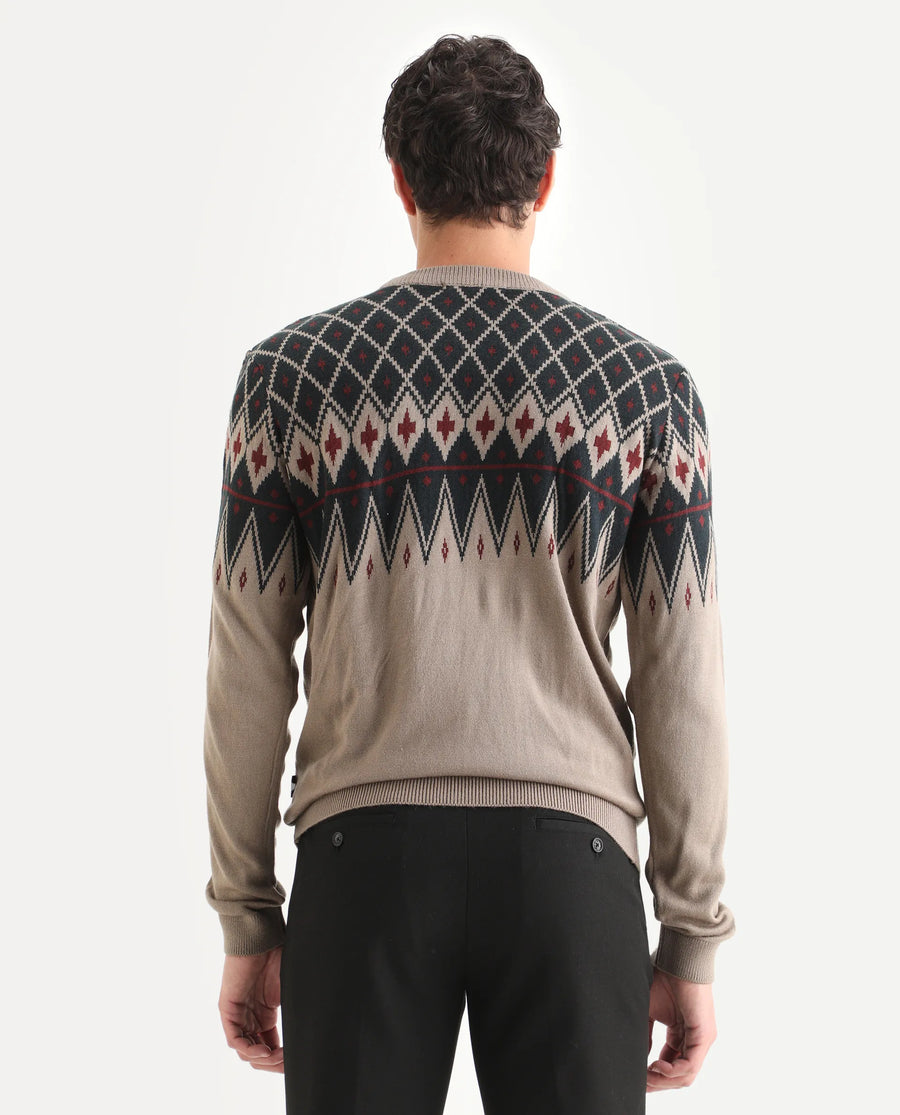 Rare Rabbit Men's Kezeck Light Brown Cotton Argyle Print Regular Fit Full Sleeve Crew Neck Sweater