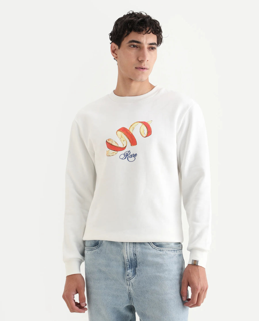 Rare Rabbit Men's Pend White Cotton Graphic Print Boxy Fit Full Sleeve Crew Neck Sweatshirt