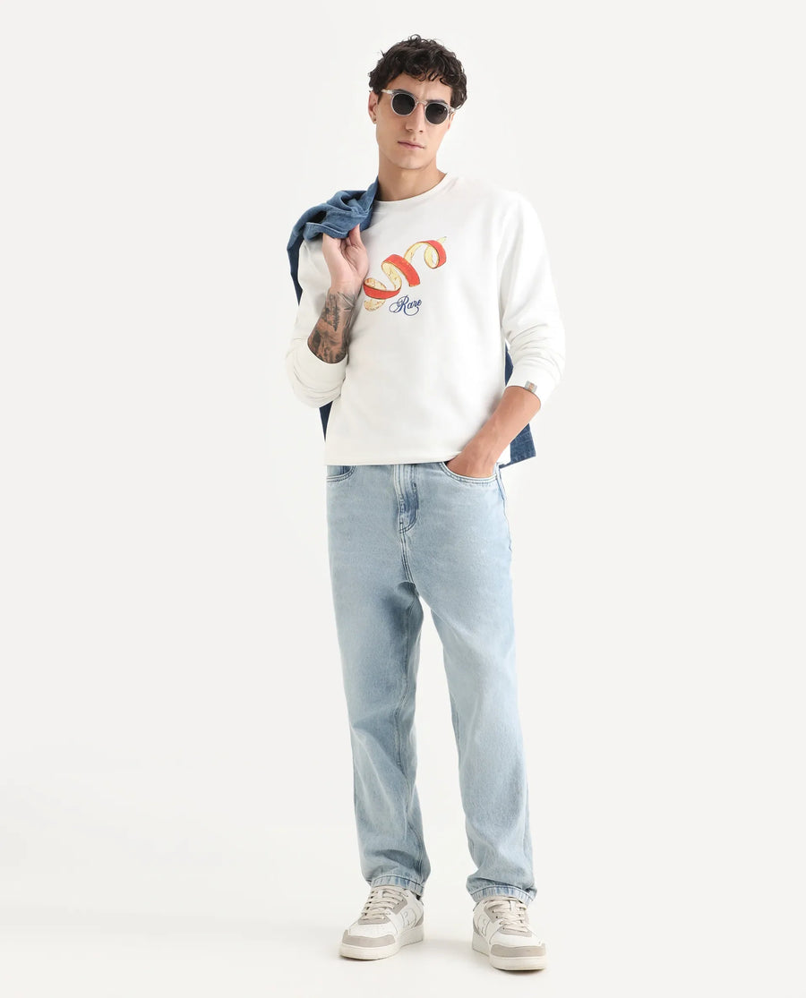 Rare Rabbit Men's Pend White Cotton Graphic Print Boxy Fit Full Sleeve Crew Neck Sweatshirt