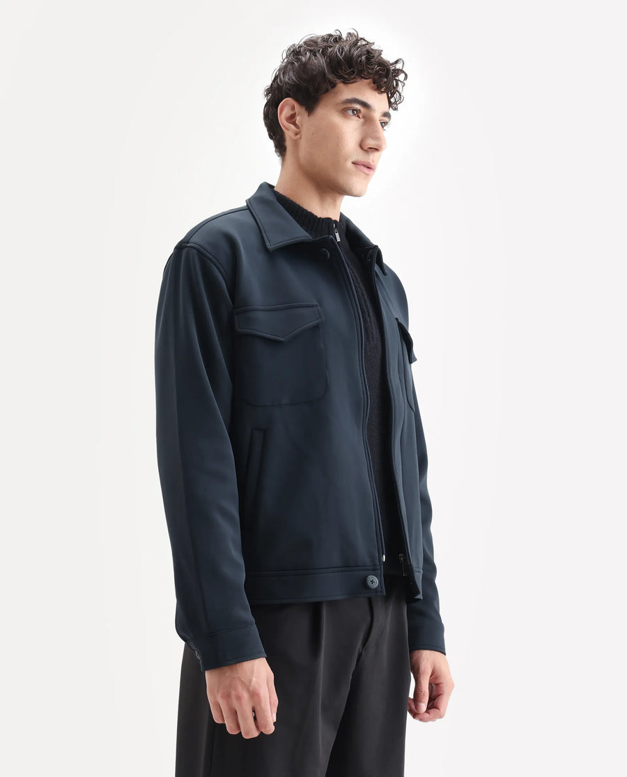 Rare Rabbit Men's Mapi Navy Nylon Plain Regular Fit Full Sleeve Spread Collar Jacket