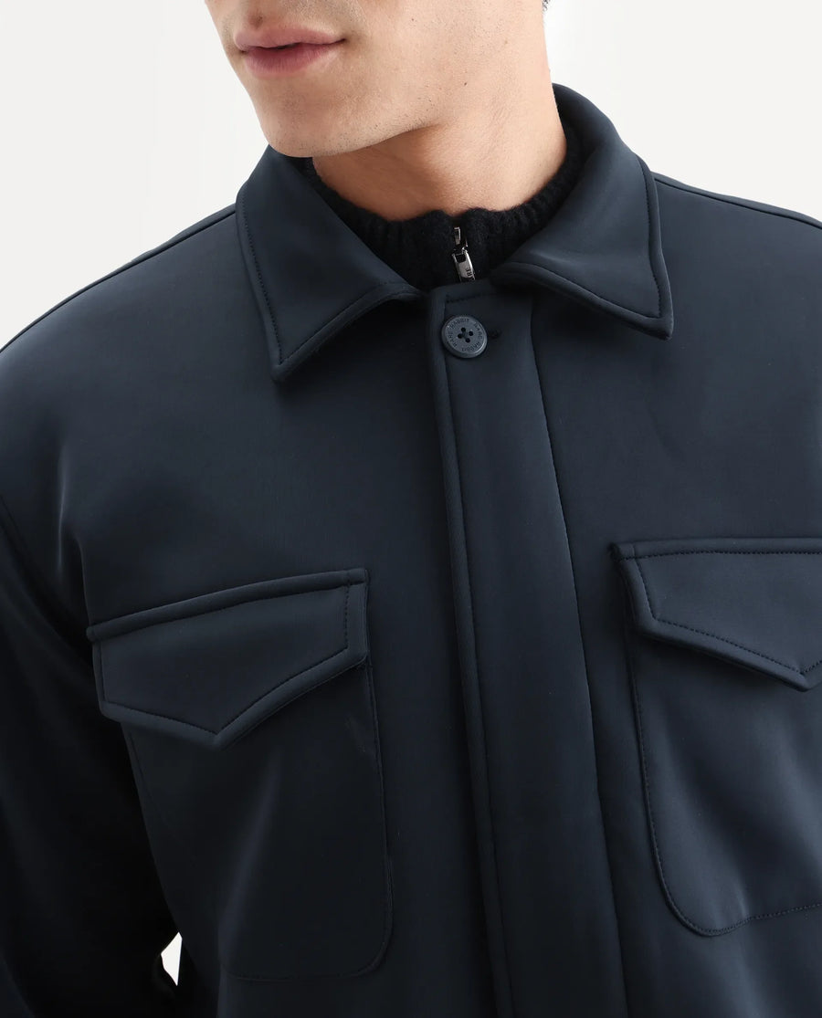 Rare Rabbit Men's Mapi Navy Nylon Plain Regular Fit Full Sleeve Spread Collar Jacket