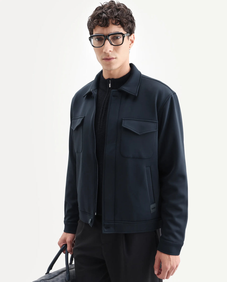 Rare Rabbit Men's Mapi Navy Nylon Plain Regular Fit Full Sleeve Spread Collar Jacket