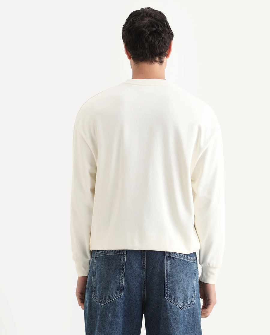 Rare Rabbit Men's Fint Off White Cotton Blend Graphic Print Boxy Fit Full Sleeve Crew Neck Sweatshirt