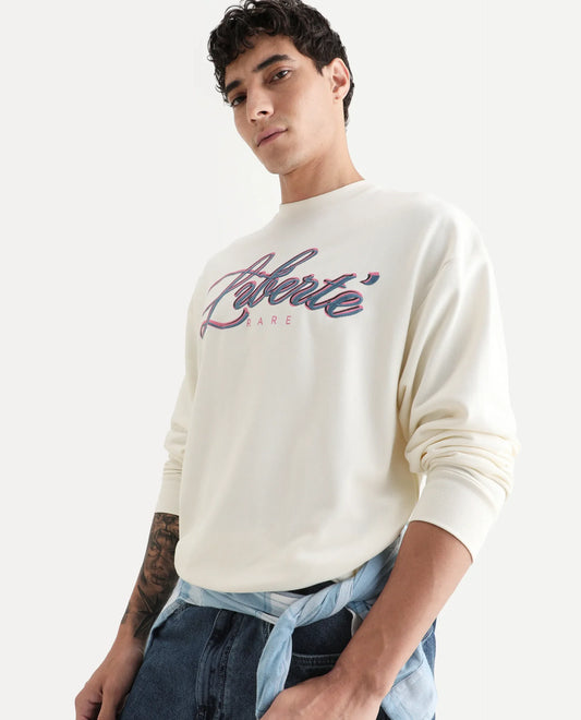 Rare Rabbit Men's Fint Off White Cotton Blend Graphic Print Boxy Fit Full Sleeve Crew Neck Sweatshirt
