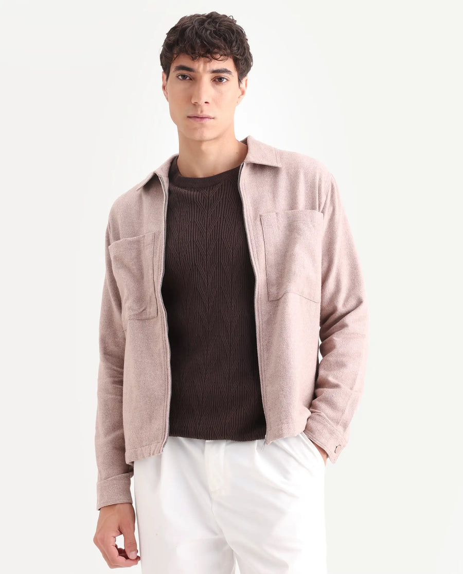 Rare Rabbit Men's Kaai Peach Polyester Blend Plain Regular Fit Full Sleeve Collared Shacket
