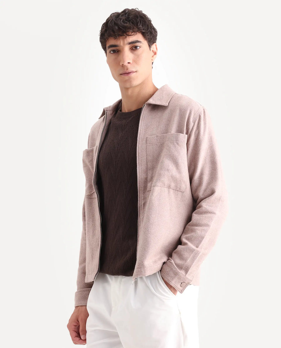 Rare Rabbit Men's Kaai Peach Polyester Blend Plain Regular Fit Full Sleeve Collared Shacket