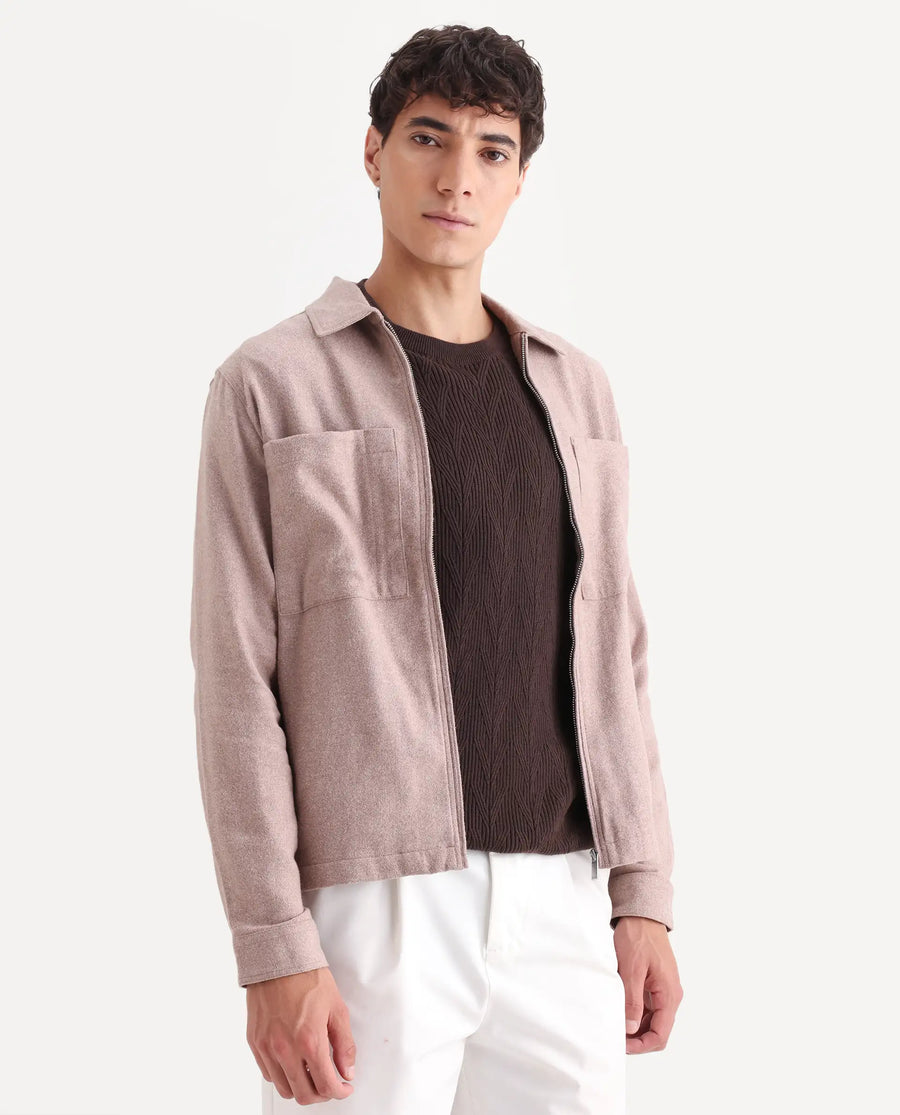 Rare Rabbit Men's Kaai Peach Polyester Blend Plain Regular Fit Full Sleeve Collared Shacket
