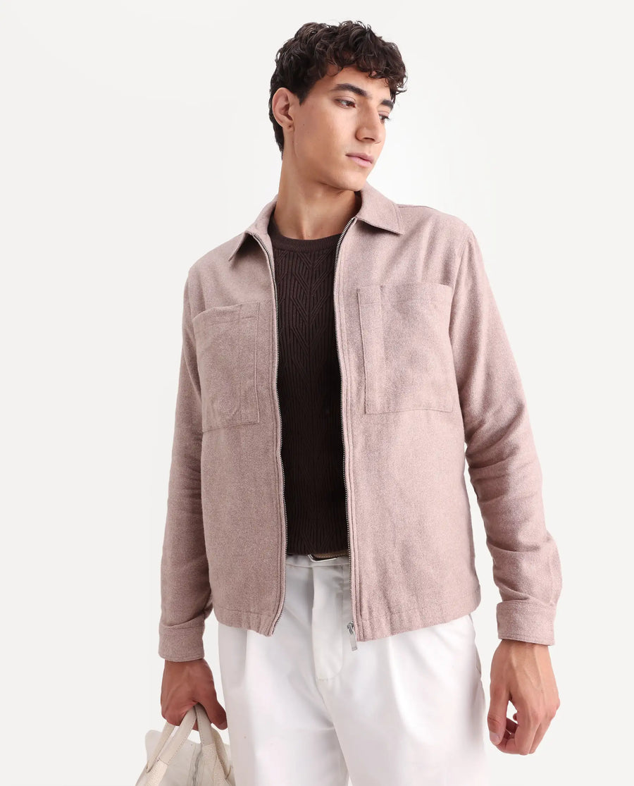 Rare Rabbit Men's Kaai Peach Polyester Blend Plain Regular Fit Full Sleeve Collared Shacket