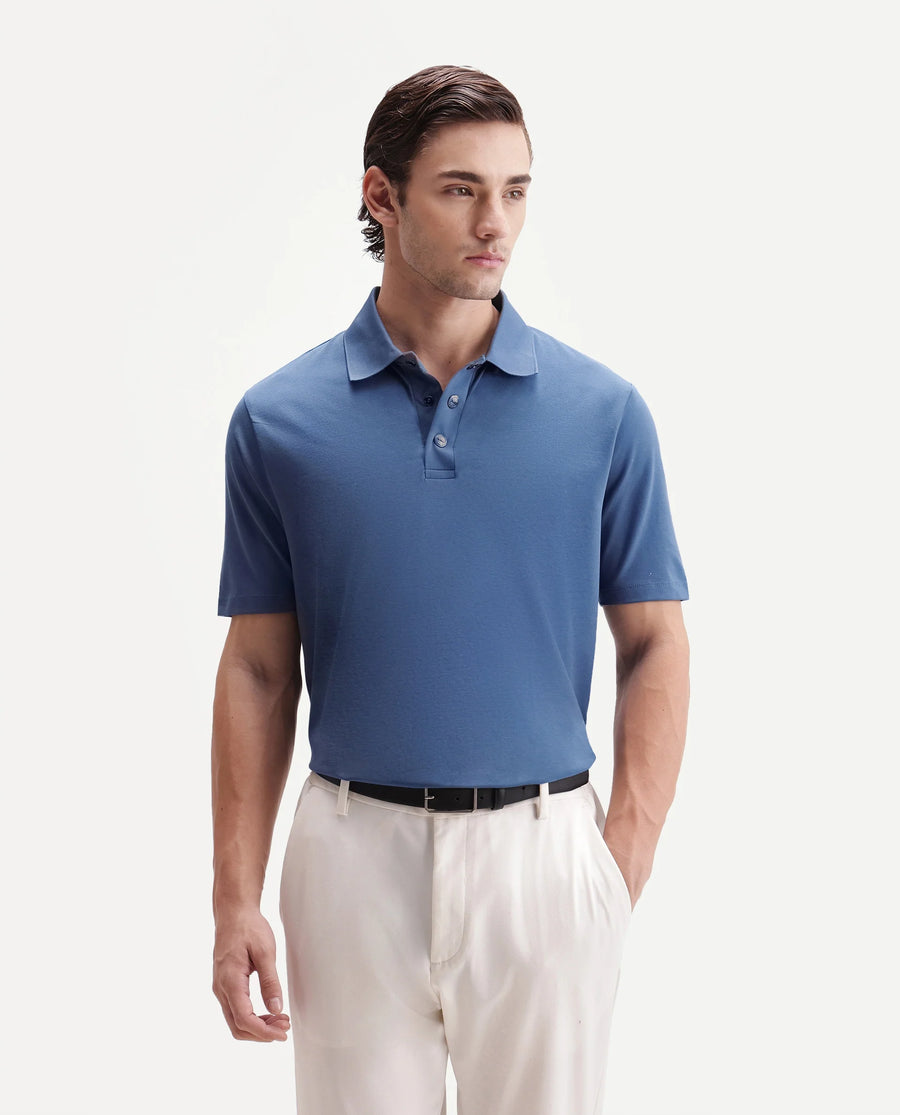 Rare Rabbit Men's Tang-25 Dusky Blue Cotton Blend Plain Regular Fit Half Sleeve Polo