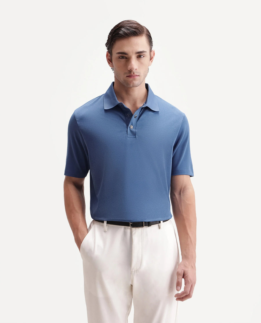 Rare Rabbit Men's Tang-25 Dusky Blue Cotton Blend Plain Regular Fit Half Sleeve Polo