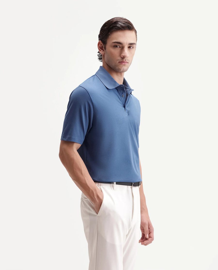 Rare Rabbit Men's Tang-25 Dusky Blue Cotton Blend Plain Regular Fit Half Sleeve Polo