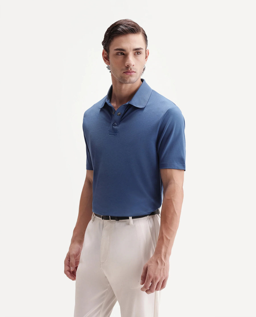Rare Rabbit Men's Tang-25 Dusky Blue Cotton Blend Plain Regular Fit Half Sleeve Polo