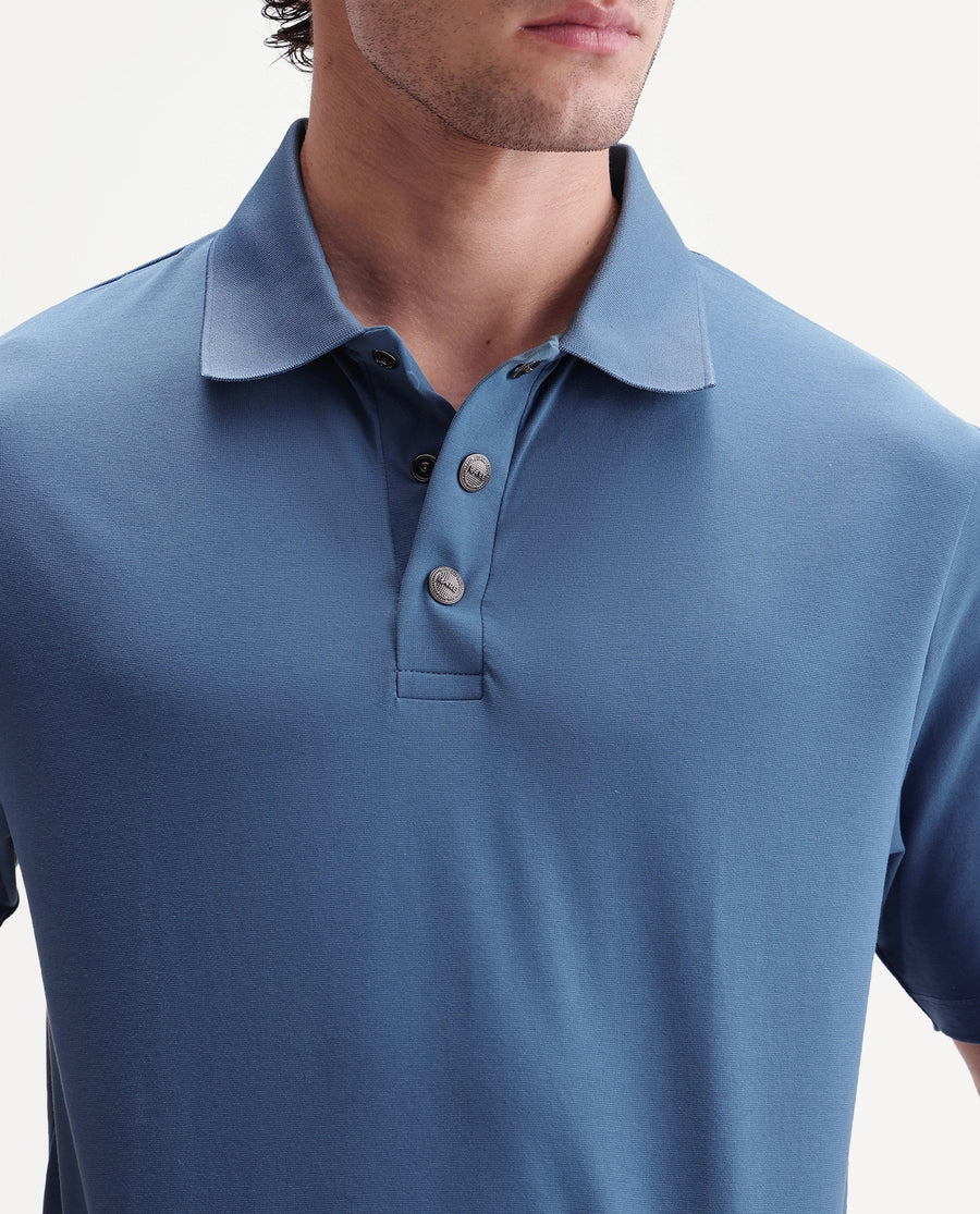 Rare Rabbit Men's Tang-25 Dusky Blue Cotton Blend Plain Regular Fit Half Sleeve Polo