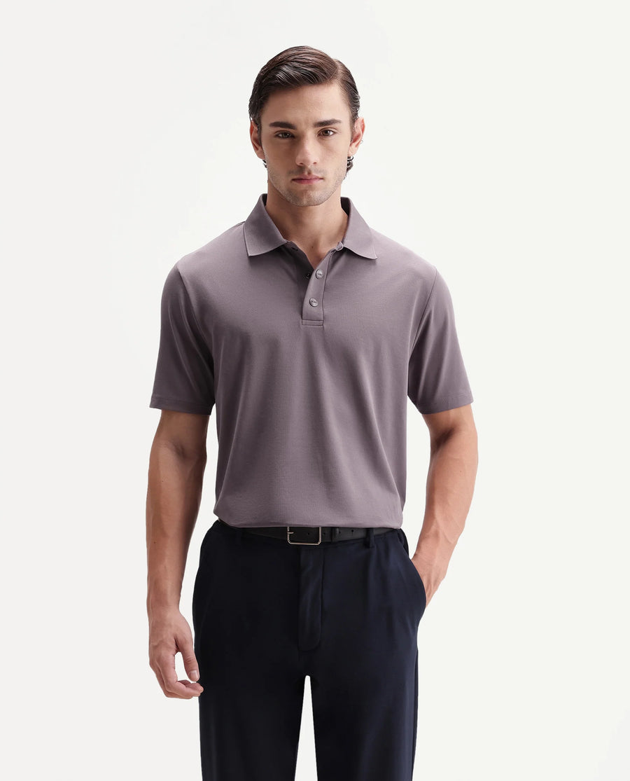 Rare Rabbit Men's Tang-25 Dusky Pink Cotton Blend Plain Regular Fit Half Sleeve Polo