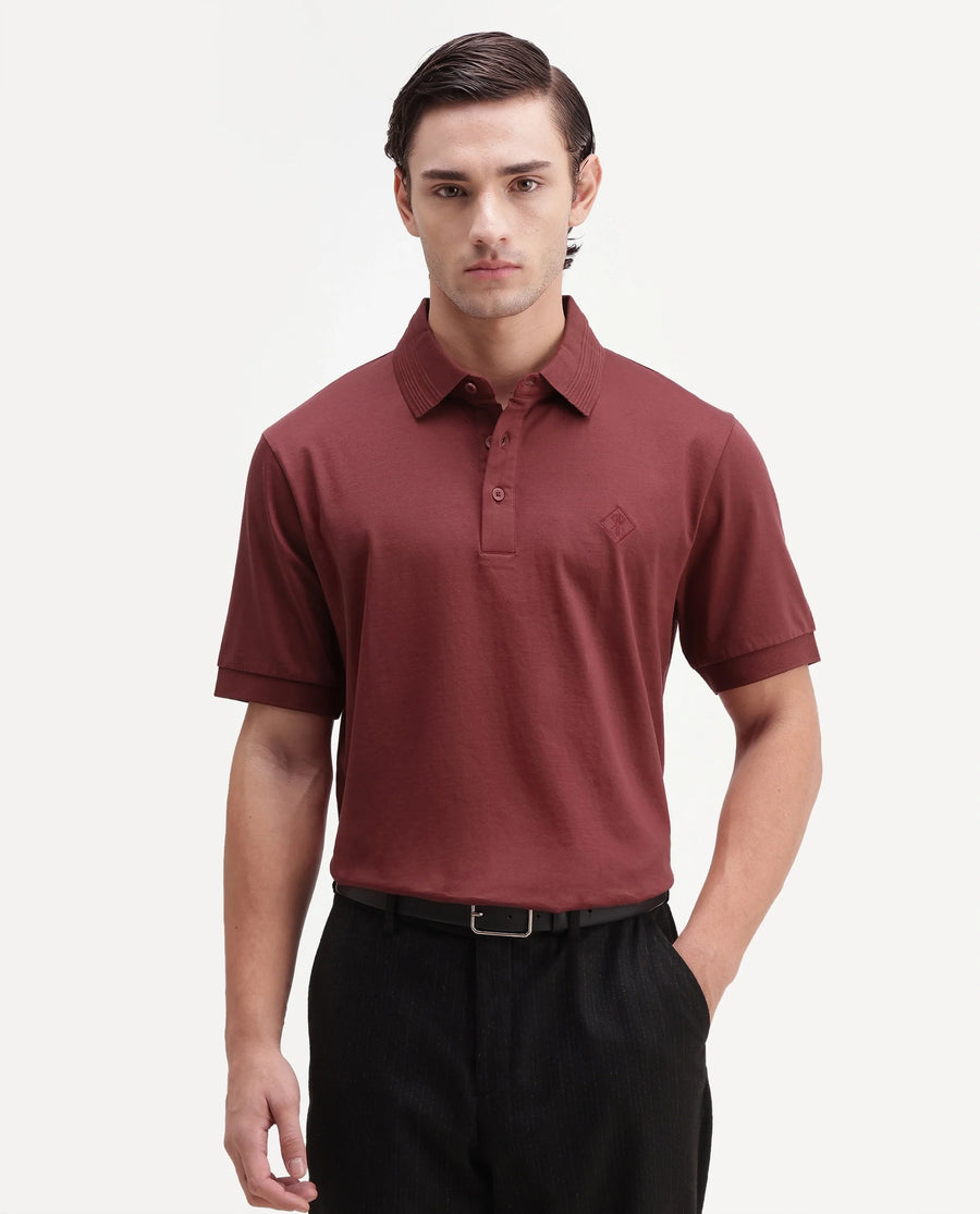 Rare Rabbit Men's Ripl Red Cotton Plain Regular Fit Half Sleeve Polo