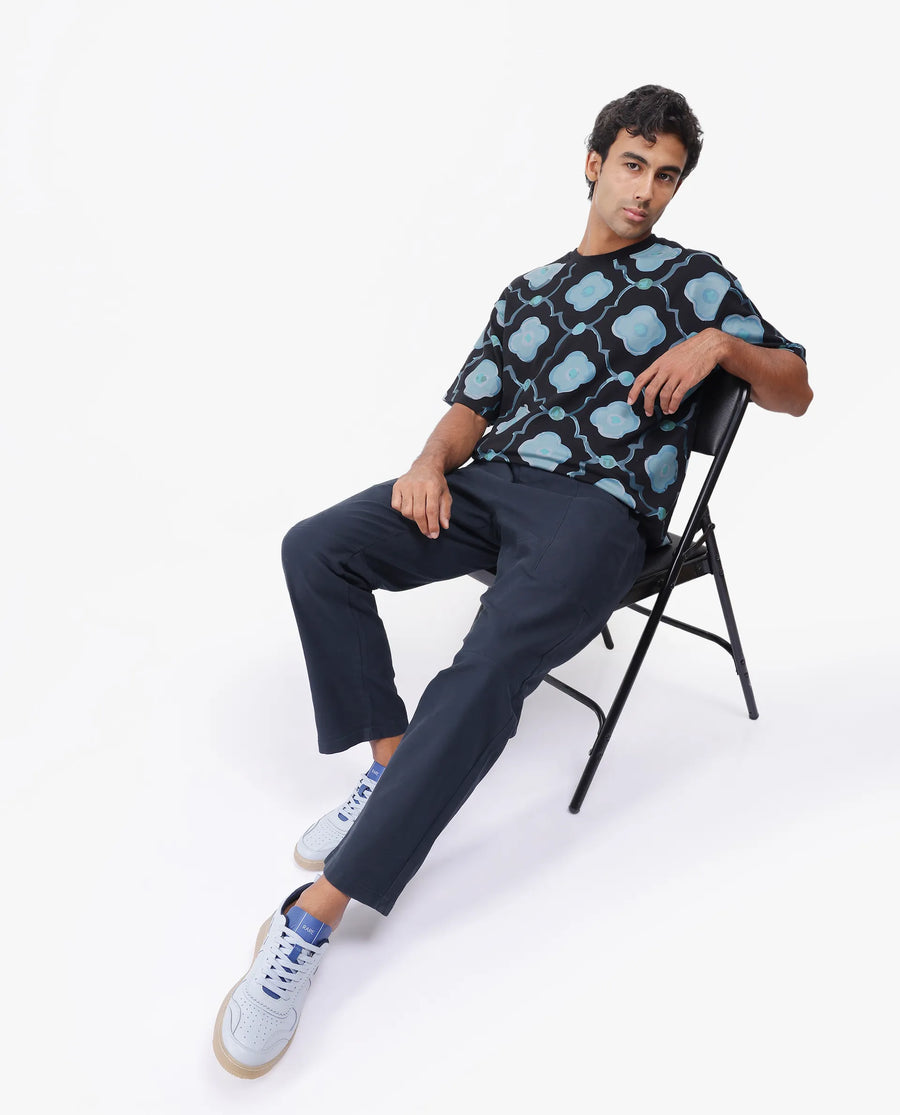 Rare Rabbit Men's Evino Black Cotton Graphic Print Oversized Fit Half Sleeve Crew Neck T-Shirt