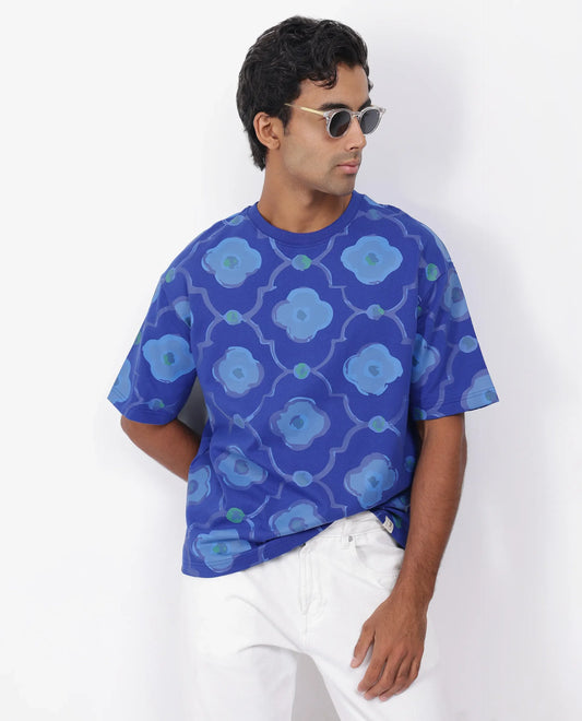 Rare Rabbit Men's Evino Flouroscent Blue Cotton Graphic Print Oversized Fit Half Sleeve Crew Neck T-Shirt