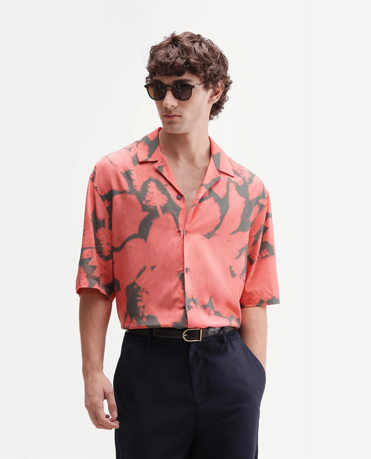 Rare Rabbit Men Nori Peach Cotton Blend Fabric Half Sleeve Cuban Collar Button Closure Boxy Fit Abstract Print Shirt