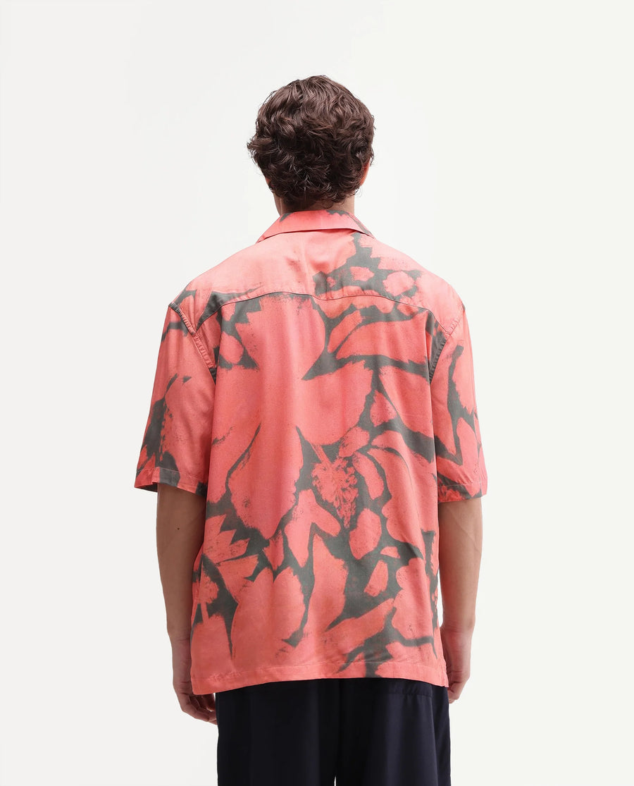 Rare Rabbit Men Nori Peach Cotton Blend Fabric Half Sleeve Cuban Collar Button Closure Boxy Fit Abstract Print Shirt