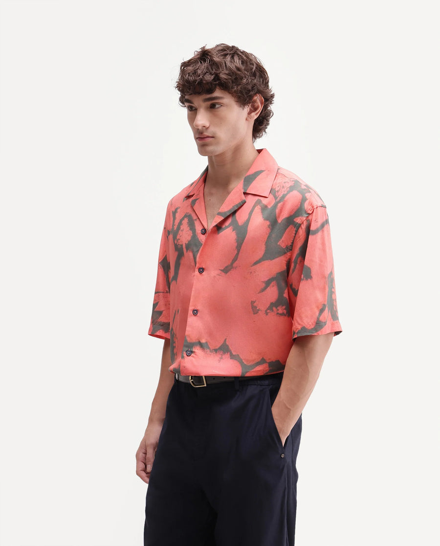 Rare Rabbit Men Nori Peach Cotton Blend Fabric Half Sleeve Cuban Collar Button Closure Boxy Fit Abstract Print Shirt