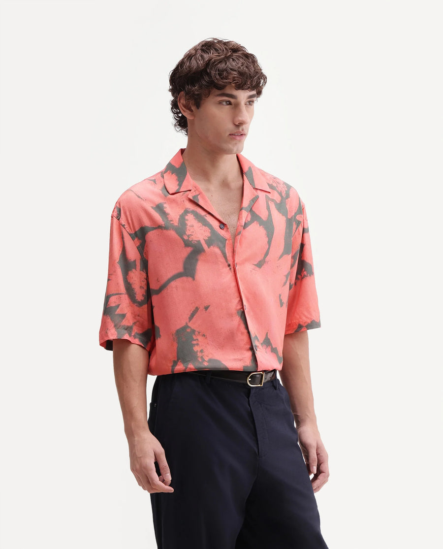 Rare Rabbit Men Nori Peach Cotton Blend Fabric Half Sleeve Cuban Collar Button Closure Boxy Fit Abstract Print Shirt