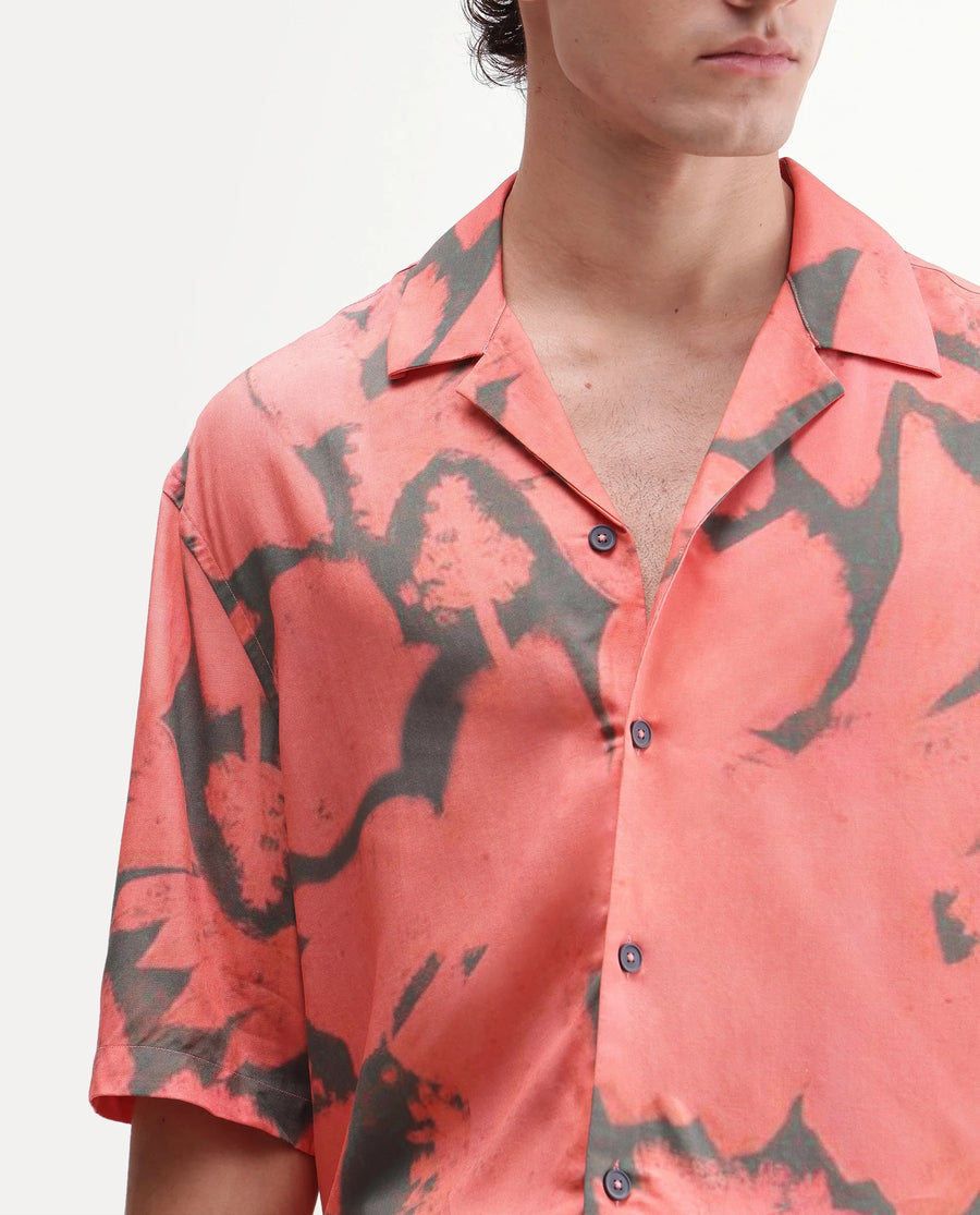 Rare Rabbit Men Nori Peach Cotton Blend Fabric Half Sleeve Cuban Collar Button Closure Boxy Fit Abstract Print Shirt
