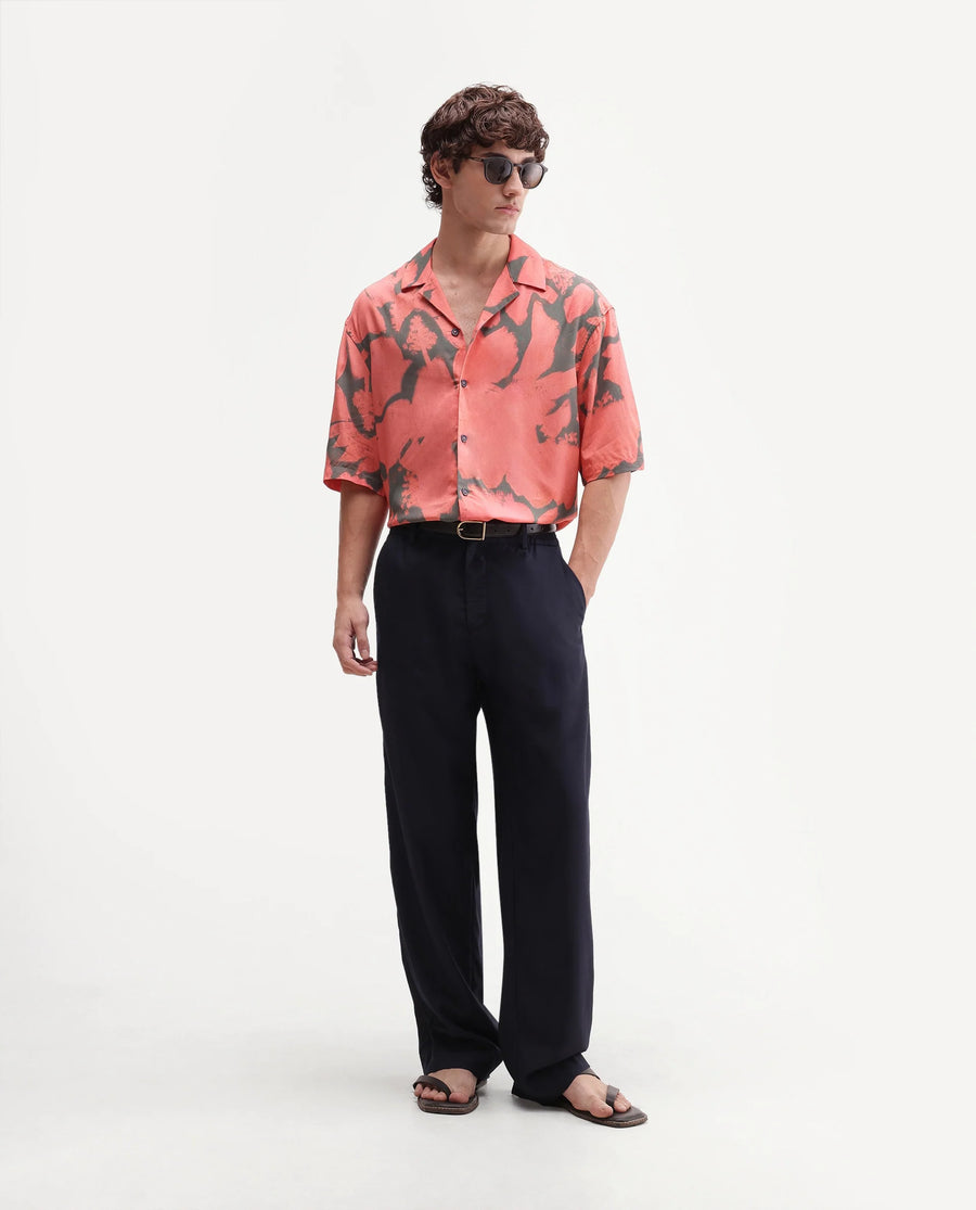 Rare Rabbit Men Nori Peach Cotton Blend Fabric Half Sleeve Cuban Collar Button Closure Boxy Fit Abstract Print Shirt