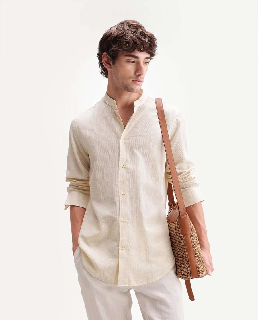 Rare Rabbit Men's Gic Light Yellow Cotton Plain Regular Fit Full Sleeve Mandarin Collar Shirt