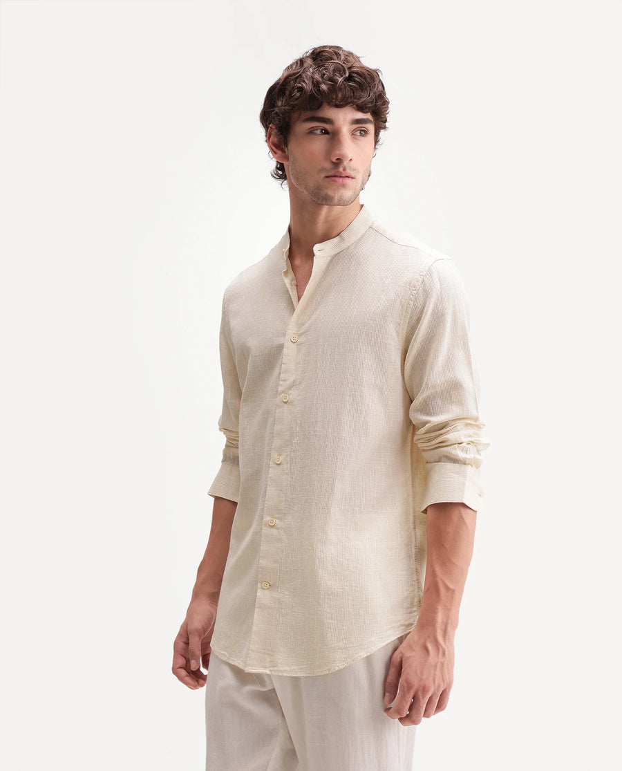 Rare Rabbit Men's Gic Light Yellow Cotton Plain Regular Fit Full Sleeve Mandarin Collar Shirt