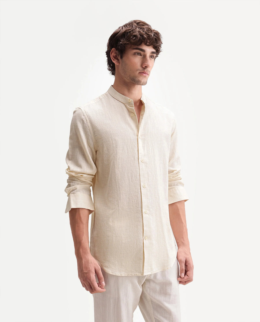 Rare Rabbit Men's Gic Light Yellow Cotton Plain Regular Fit Full Sleeve Mandarin Collar Shirt