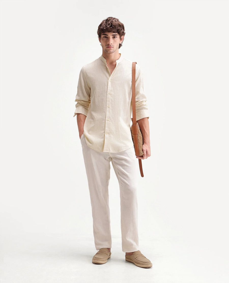 Rare Rabbit Men's Gic Light Yellow Cotton Plain Regular Fit Full Sleeve Mandarin Collar Shirt