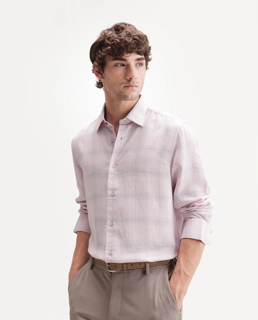 Rare Rabbit Men's Eamon Light Pink Linen Blend Checked Print Regular Fit Full Sleeve Collared Shirt