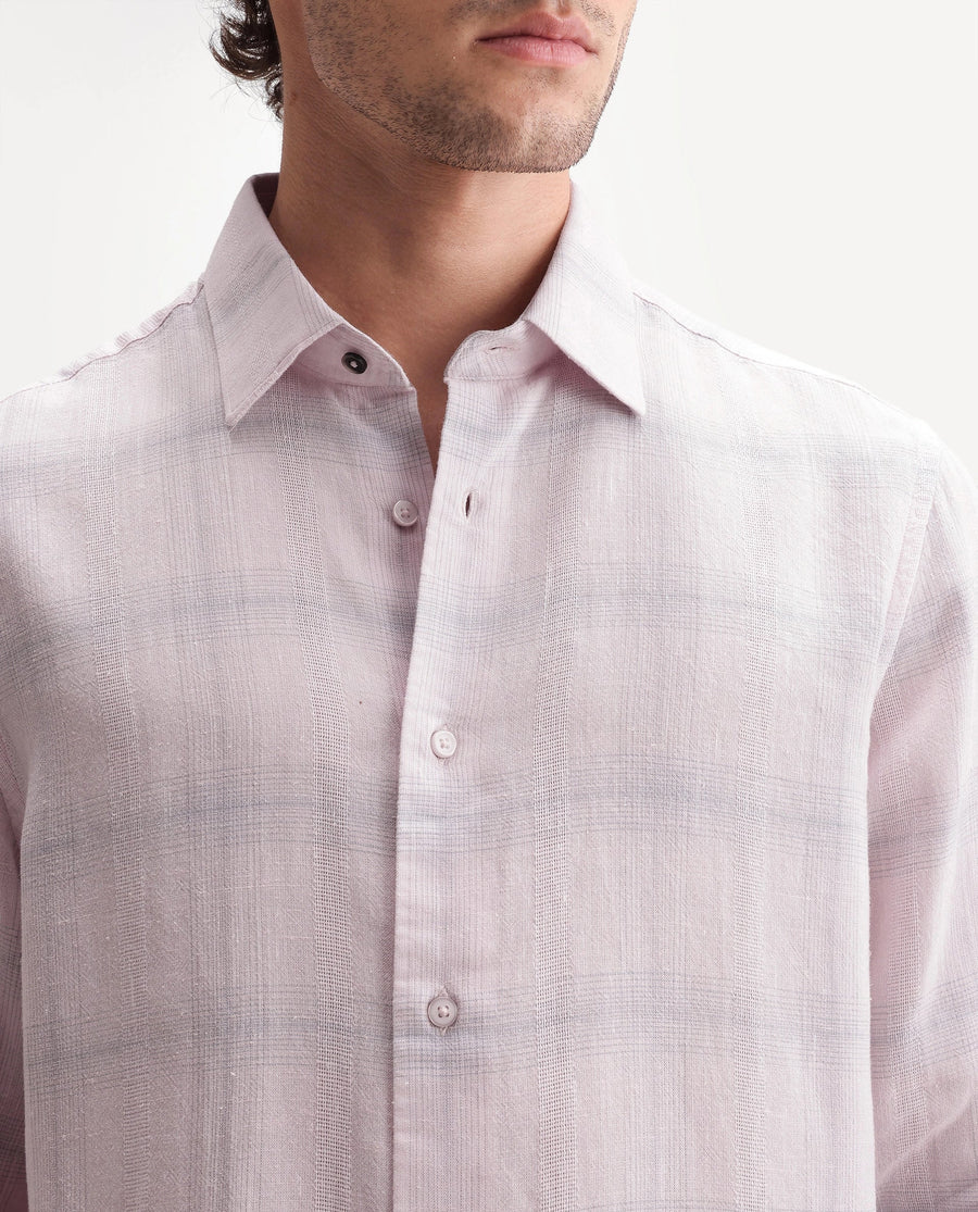 Rare Rabbit Men's Eamon Light Pink Linen Blend Checked Print Regular Fit Full Sleeve Collared Shirt