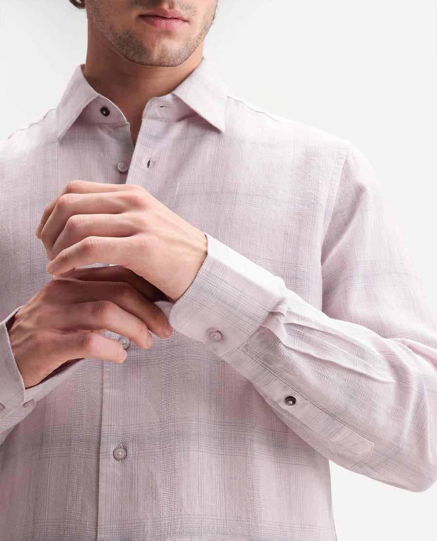 Rare Rabbit Men's Eamon Light Pink Linen Blend Checked Print Regular Fit Full Sleeve Collared Shirt