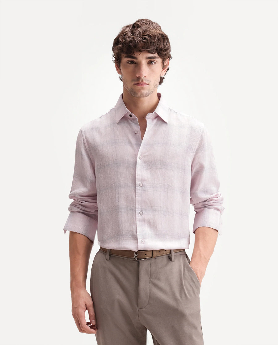 Rare Rabbit Men's Eamon Light Pink Linen Blend Checked Print Regular Fit Full Sleeve Collared Shirt
