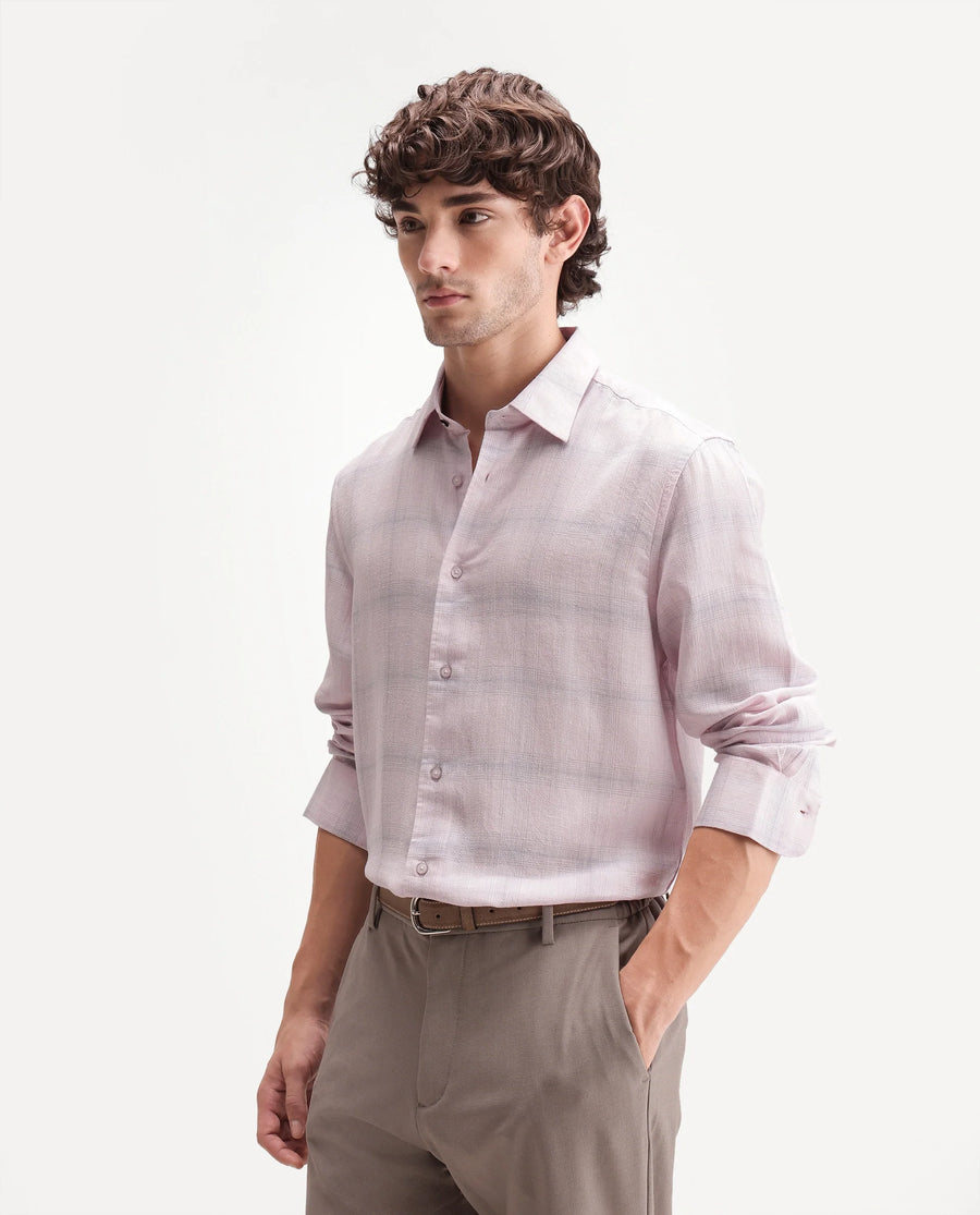 Rare Rabbit Men's Eamon Light Pink Linen Blend Checked Print Regular Fit Full Sleeve Collared Shirt