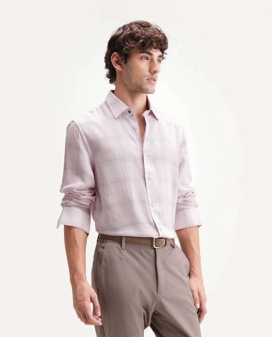 Rare Rabbit Men's Eamon Light Pink Linen Blend Checked Print Regular Fit Full Sleeve Collared Shirt