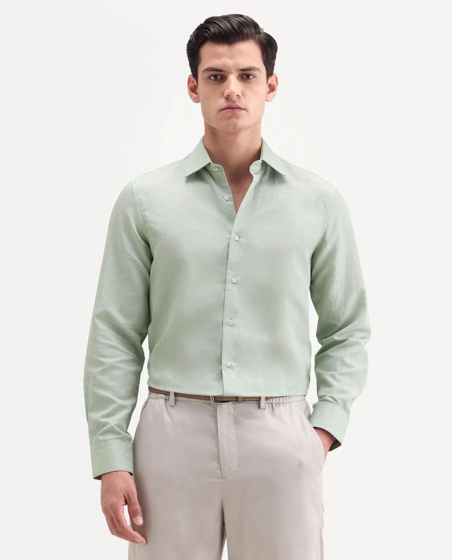 Rare Rabbit Men's Commas Light Green Linen Blend Plain Regular Fit Full Sleeve Collared Shirt