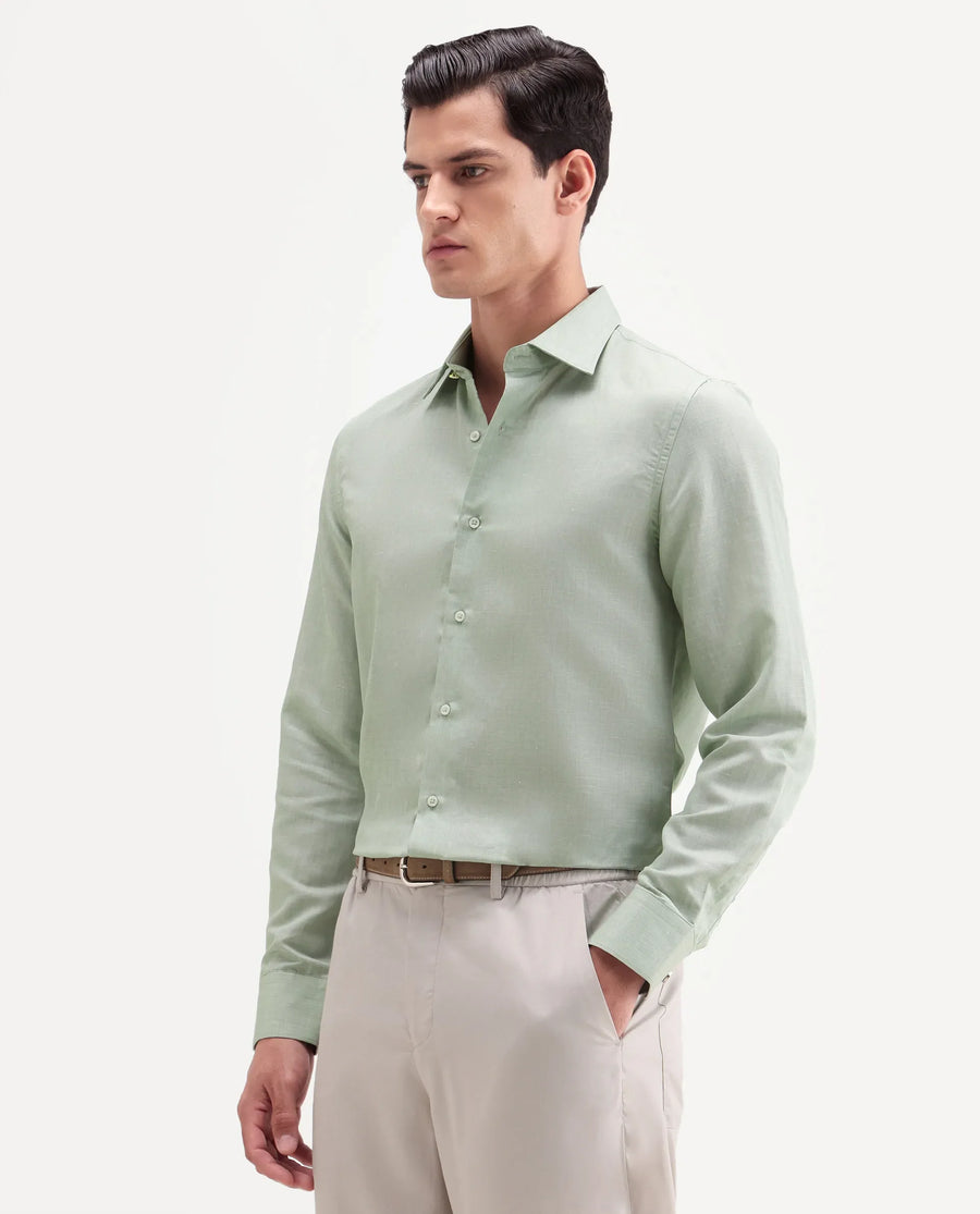 Rare Rabbit Men's Commas Light Green Linen Blend Plain Regular Fit Full Sleeve Collared Shirt