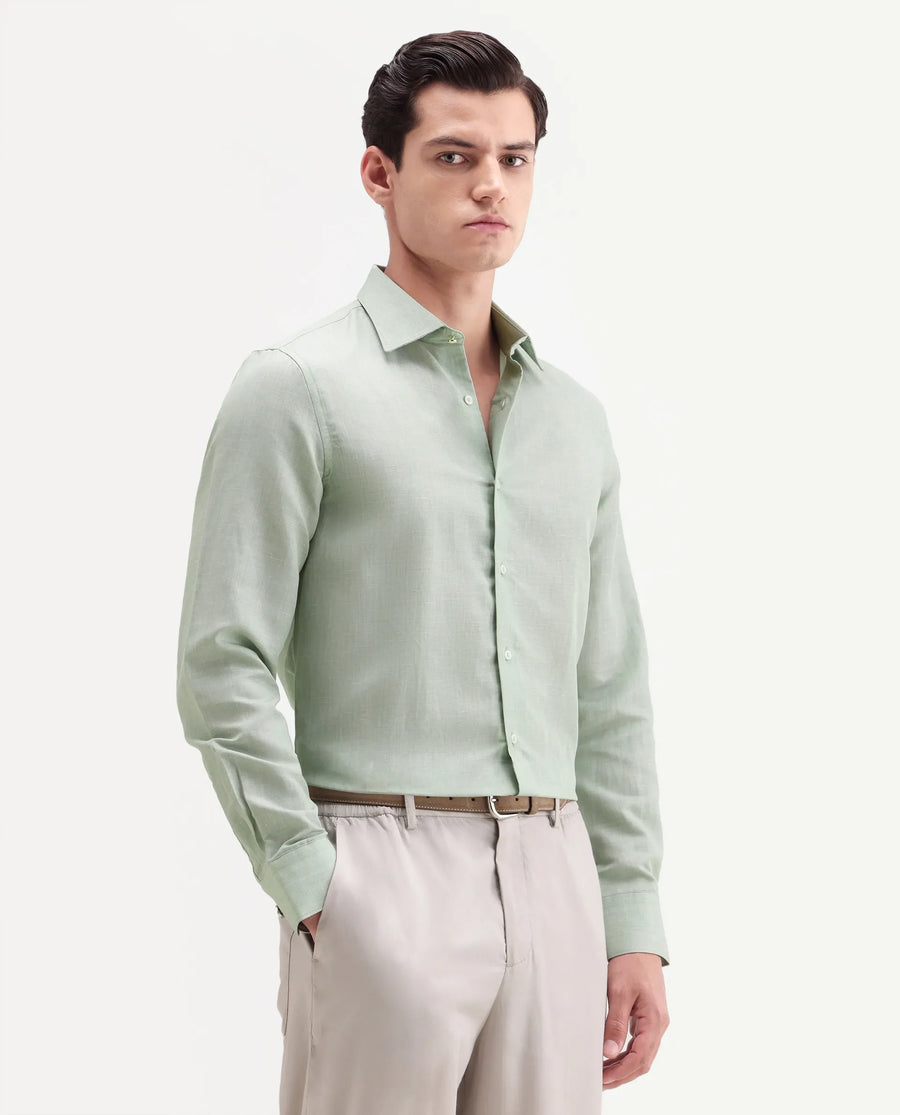 Rare Rabbit Men's Commas Light Green Linen Blend Plain Regular Fit Full Sleeve Collared Shirt